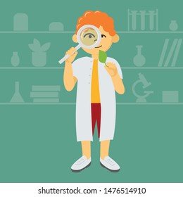 A boy in a white coat examines the sheet through a magnifying glass. Vector illustration
