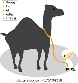 Ein Junge in einem weißen Gamis geht und nimmt ein Kamel. Ied al adha Grüße auf dem Bild.