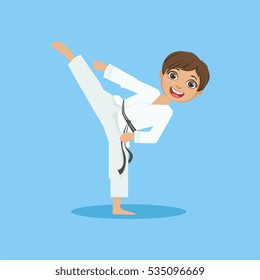 Boy In White Kimono Doing Leg Sidekick On Karate Martial Art Sports Training Cute Smiling Cartoon Character