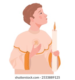 Muchacho con túnica blanca para la primera comunión. Vector. Niño listo para recibir la Eucaristía. Jóvenes católicos orando ante el santo sacramento de la comunión sosteniendo una vela.