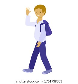 A boy in a white shirt with a backpack. He raised his hand in greeting. School theme. Vector illustration in flat cartoon style. Isolated on a white background.