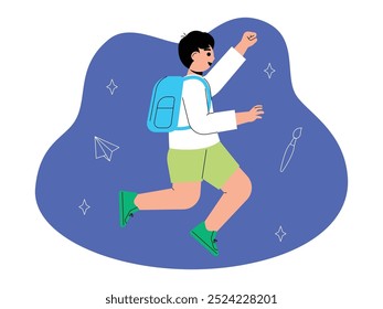 Boy in white shirt and green pants very excited to go back to school, vector illustration.