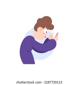 A Boy Who Is Addicted To Playing Gadgets. Posture Becomes Stooped Because Of Playing With Cellphones Or Smartphones For Too Long. Bad Habits. Funny, Cute, And Packaged Characters. Cartoon Illustration