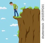 A boy who afraid to fall down from the cliff. Young man stand at top of the mountain near the steep and look down at the foot of a mountain.
Side profile view. Cartoon style.