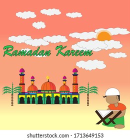 a boy who always reads the Quran every night of the month of ramadan with the concept of white clouds, orange sky, mosques and date palms. illustration vector
