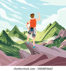 the boy who was cheering for having managed to climb to the top of the rocky mountain with mountain and blue sky as background