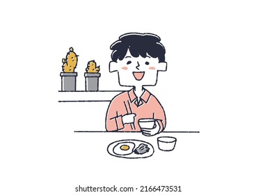Boy who eats breakfast well Children's daily habits Comical handwritten person Vector, warm line drawing svg