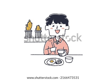 Boy who eats breakfast well Children's daily habits Comical handwritten person Vector, warm line drawing