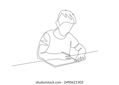 A boy who is enthusiastic about doing his homework. Homework concept one-line drawing