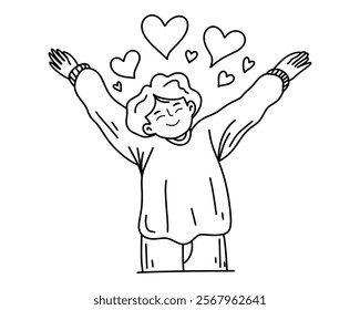 A boy who feels love. Person with Open Arms and Hearts for a Welcoming Love Theme Illustration. Vector illustration