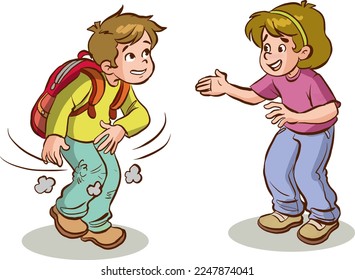 The boy who fell on the floor cleans himself with his friend cartoon vector