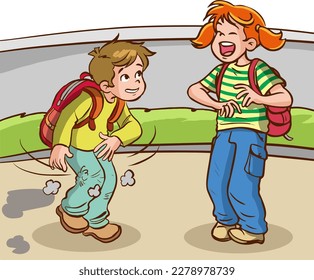 The boy who fell on the floor cleans himself with his friend cartoon vector