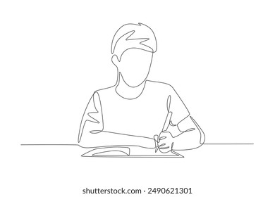 A boy who focuses on doing his homework. Homework concept one-line drawing