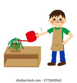 A boy who is gardening
