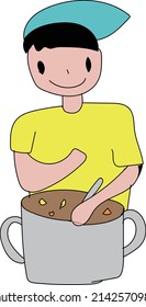 The boy who makes curry with a big pan