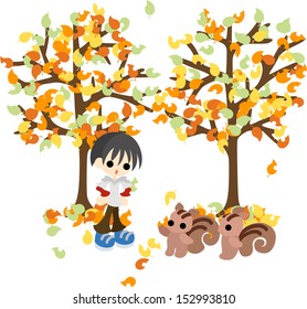 The boy who meets pretty squirrels in a autumn forest.