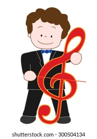 The boy who pulls a G clef in substitution for a contra bass