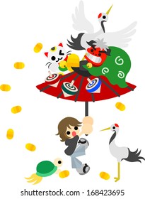 The boy who is rolling an umbrella. The lot including a crane and tops and the beckoning cat is carried on the umbrella.