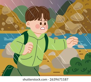 Boy who runs away from landslides in heavy rain