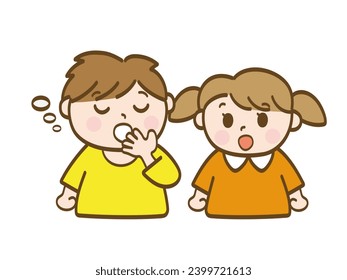 A boy who is sleepy and yawns and a girl who is surprised to see him _ Early elementary school students _ Toddlers