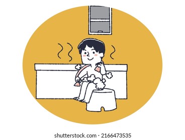 Boy who takes a bath and washes his body Children's daily habits Comical handwritten person Vector, warm line drawing