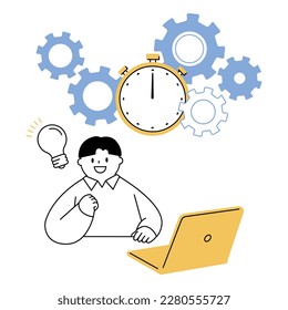 A boy who thinks about work efficiency. Gears and stopwatch background.