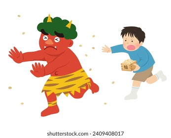 A boy who throws beans during Setsubun and a red demon who runs away