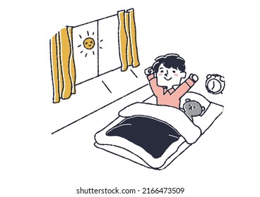 A boy who wakes up comfortably, a child's daily habit, a comical handwritten person vector, a warm line drawing