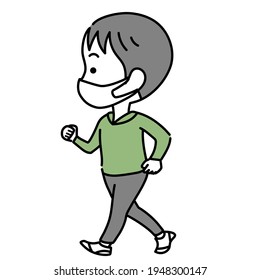 A boy who wears a surgical mask is walking
