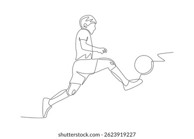 O menino vai chutar a bola. Desenho de uma linha do conceito de futebol infantil