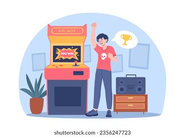 Boy win in arcade concept. Kid with video game. Winner celebrating success. Fun and entertainment. Modern technologies and innovations for gamers. Cartoon flat vector illustration