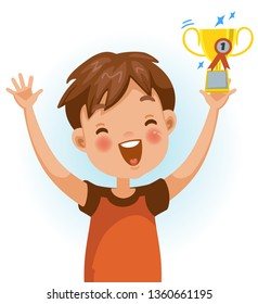 Boy win. Positive emotions, Holding a great prize very happy. Cartoon character vector illustration isolated on white background.