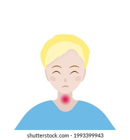 The boy winces at the pain in his throat. Sore throat in a child. Vector illustration.