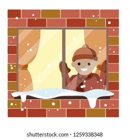 Boy at the window with snowdrifts. Winter landscape and house. Waiting for Christmas and new year. Happy child. Kid in warm hat and scarf. Cartoon flat illustration