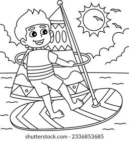 Boy Windsurfing Summer Coloring Page for Kids
