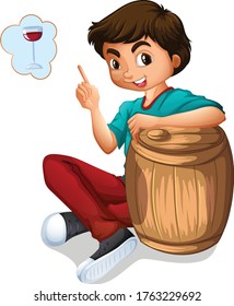 A boy with wine barrel cartoon vector art and illustration