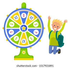 Boy winner with backpack and fortune wheel, risk and luck vector. Casino and opportunity, prize and award, color circle and pointer, rotation, jumping guy