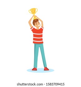 Boy winner with golden cup happy with victory vector illustration
