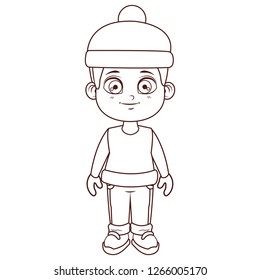Boy with winter clothes cartoon brown lines