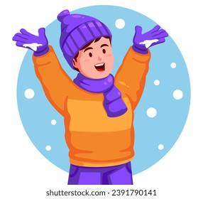 Boy in winter clothes with hands up in the air