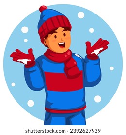 Junge in Winterkleidung mit Händen in der Luft