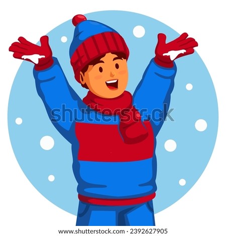 Boy in winter clothes with hands up in the air