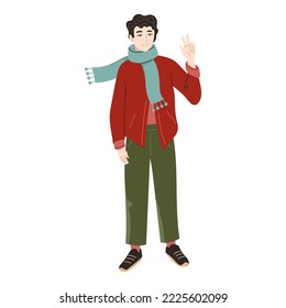 Boy in the winter clothes showing peace gesture. Hand drawn Christmas winter illustration