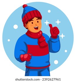 Niño con ropa de invierno y con los pulgares hacia arriba
