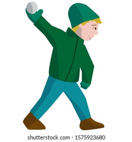 Boy in winter clothes, throwing a snowball. Green jacket, cap