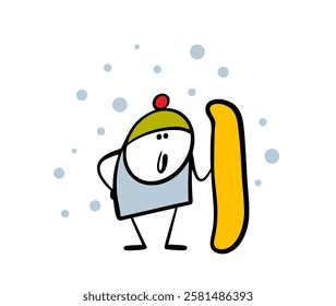 Boy in a winter hat stands in the snow and holds a snowboard. Vector illustration of an athlete preparing to descend a mountainside. Isolated funny character on white background.