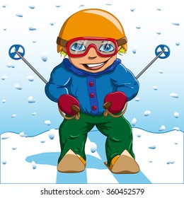 boy in winter suit goes skiing