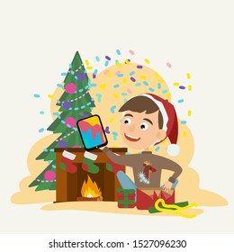 A boy in a winter sweater opened a box with a Christmas present and pulled out a new tablet computer. Winter fun. Christmas and New Year. Vector illustration