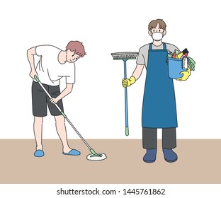 A boy wiping the floor with a mop and a boy setting up a cleaning tool. hand drawn style vector design illustrations. 