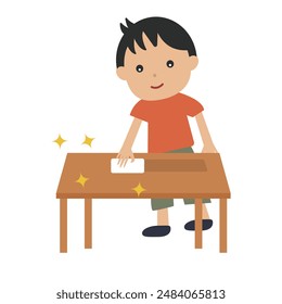 Boy wiping a table. Clean and shiny table. Cleaning. Vector.